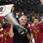 Mourinho celebrates with his players after their victory in the inaugural UEFA Conference League 2022 | Roma Celebrates Its Victory of the UEFA Europa Conference Cup